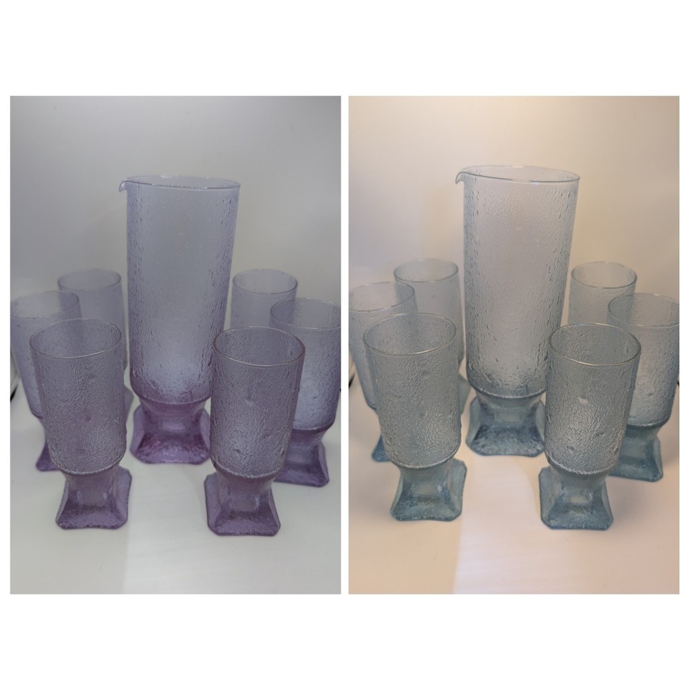 Neodymium Alexandrite Italian Carafe 6 Cup Glass Set Vintage Chameleon wisteria